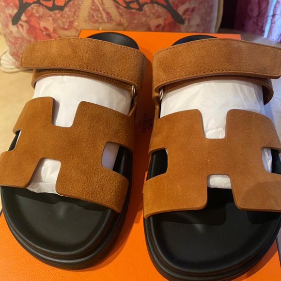 NEW Hermes Women Chypre Suede Brown Naturel Tan Sandals Flats Size 36 - Picture 4 of 12